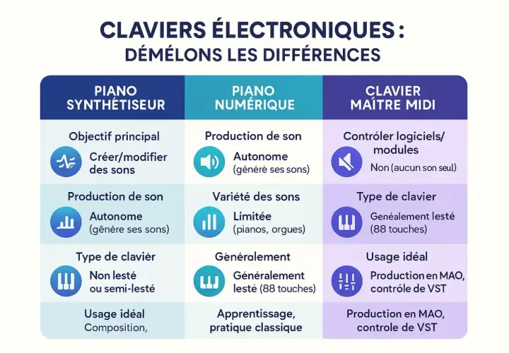 Tableau comparatif des claviers électroniques : piano synthétiseur, piano numérique et clavier maître MIDI.