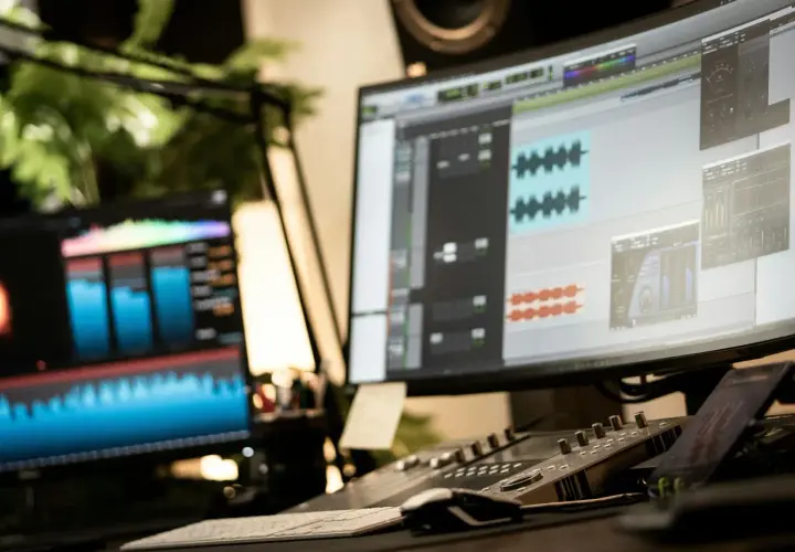 Post-production audio, avec des formes d'onde et des pistes sur écran. Un léger micro-bleed de lumière sur le côté gauche.