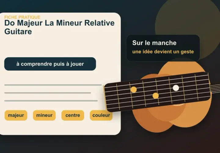 Fiche pratique guitare : Do Majeur La Mineur Relative. Le manche de la guitare montre des positions pour comprendre la gamme de sol majeur.