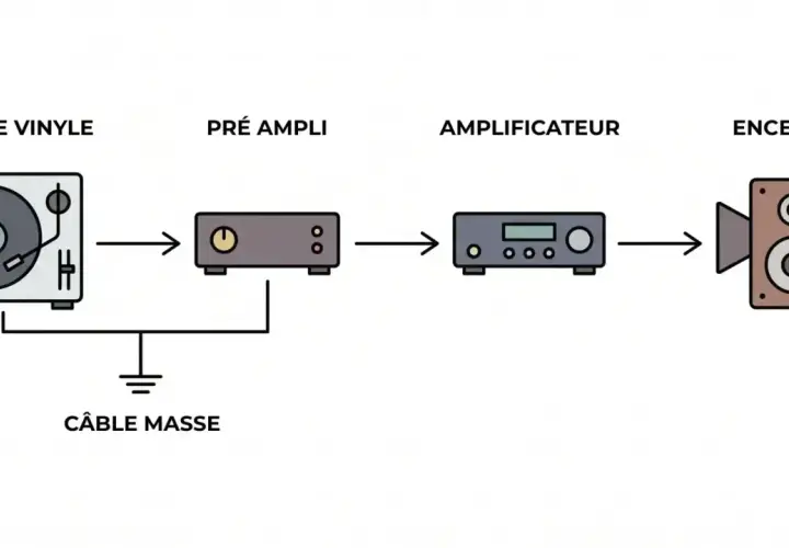 Schéma d'une chaîne hi-fi : platine vinyle, préampli, amplificateur et enceintes. Le câble de masse relie la platine au préampli. Une sortie phono est essentielle.