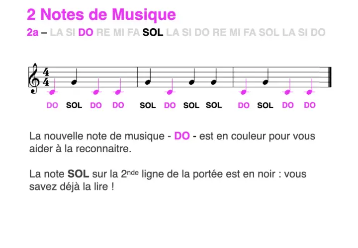 Exercice pour apprendre à solfège chanter les notes DO et SOL sur une portée. La note DO est en couleur pour faciliter sa reconnaissance.