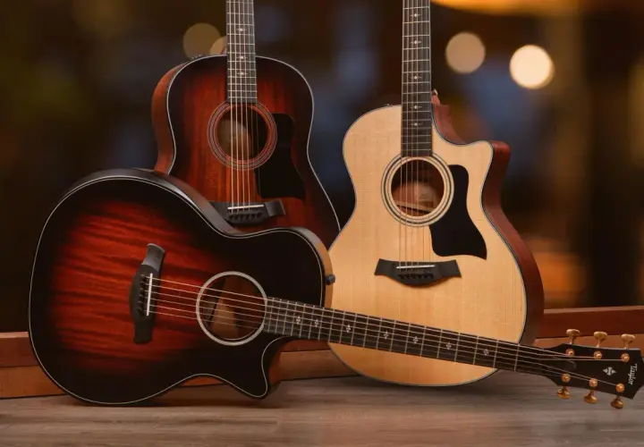 Trois guitares acoustiques, dont une en palissandre, posées sur un parquet en bois. L'arrière-plan est flou et lumineux.