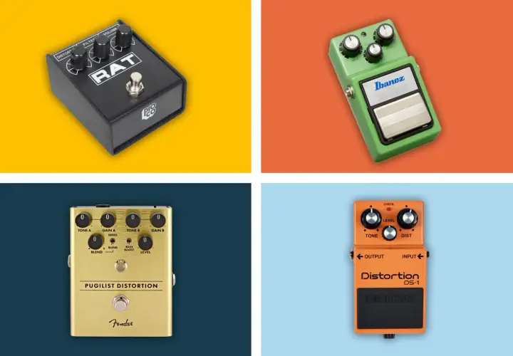Quatre pédales d'effet guitare : RAT, Tube Screamer, Pugilist Distortion et DS-1. Parfaites pour la distorsion musicale.