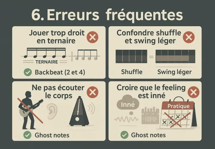 Erreurs fréquentes en solfège rythmique : jouer droit en ternaire, confondre shuffle et swing, ignorer son corps, croire le feeling inné.