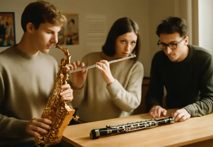 Trois jeunes jouent d'un instrument à vent : un saxophone, une flûte traversière et un hautbois.