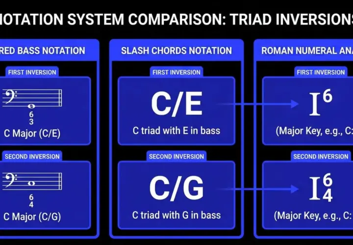 Comparaison des notations musicales pour les renversements de triades : basse chiffrée, accords avec slash, et analyse en chiffres romains. Un accord parfait.