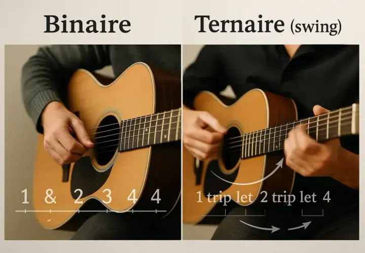 Deux mains jouent de la guitare, l'une montrant un rythme binaire, l'autre un rythme ternaire avec le swing.