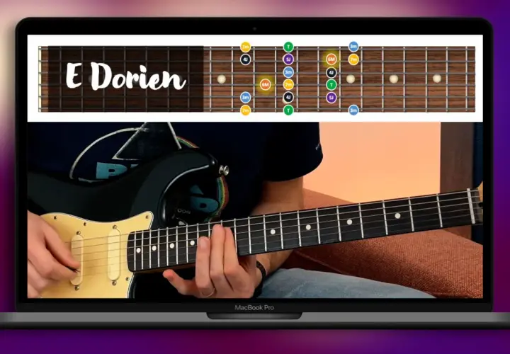 Apprentissage de la gamme E Dorien sur une guitare, inspiré par le style de David Gilmour.