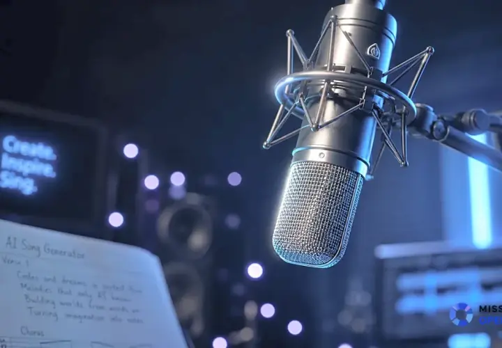 Microphone argenté devant des lumières bleues. Une partition "AI Song Generator" et un écran affichent "Create. Inspire. Sing." pour un refrain musique.