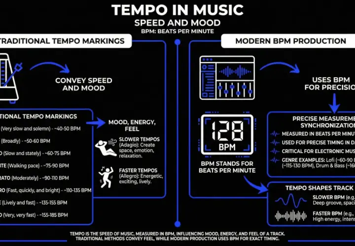 Infographie sur le tempo en musique. Le terme "largo musique" est mentionné, décrivant un tempo lent et large, influençant l'ambiance.