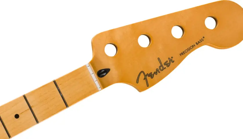 Manche de basse Fender Precision Bass, profil C moderne, bois clair, logo Fender.