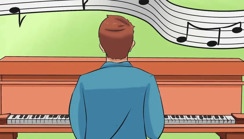 Un pianiste joue devant un piano, une partition de musique flottant au-dessus, avec une note tonique bien visible.