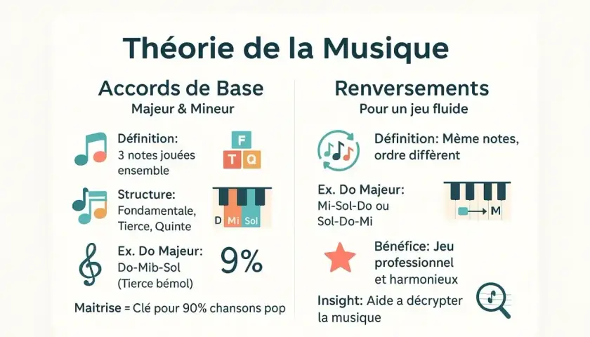 Infographie sur la théorie musicale, expliquant les accords de base et leurs renversements pour un jeu fluide. Maîtriser ces accords est la clé pour comprendre la musique.