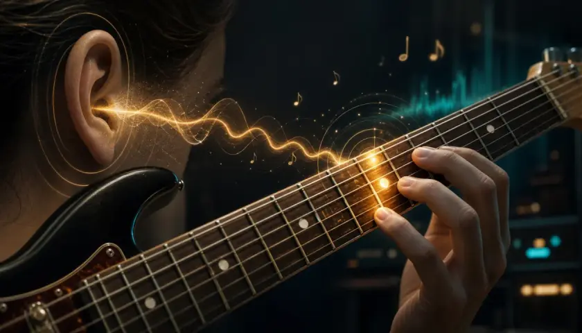 Une oreille attentive capte les ondes sonores d'une guitare électrique, symbolisant une oreille musicale en pleine immersion.