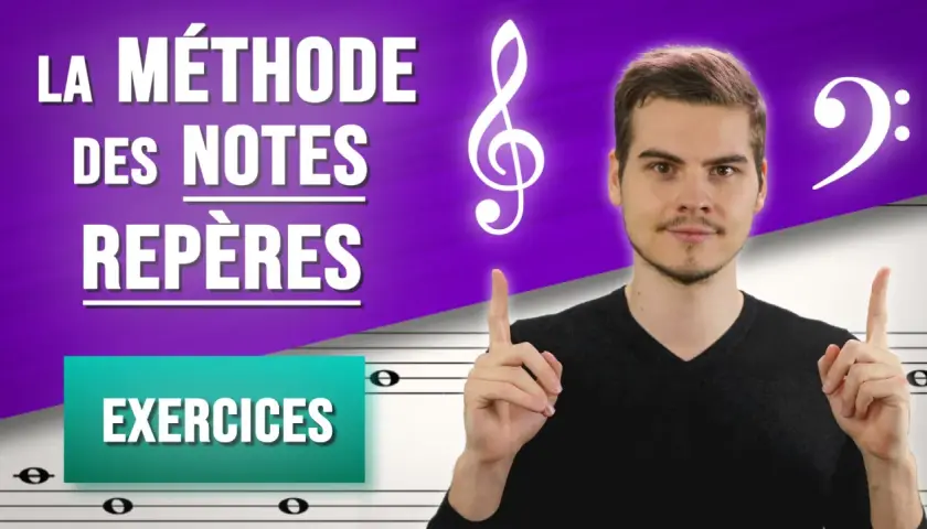 Un homme pointe vers une clé de sol et une clé de fa, symboles de la méthode des notes repères pour des exercices musicaux.