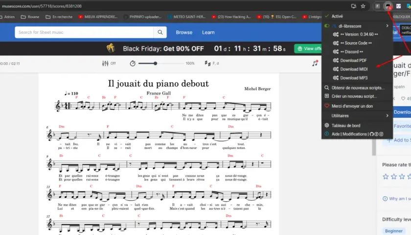 Partition de solfège piano pour "Il jouait du piano debout" de France Gall.