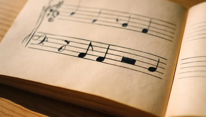 Feuilles jaunies d'un carnet de musique, notes dessinées à la main. Une mélodie suspendue, un demi soupir avant la prochaine mesure.
