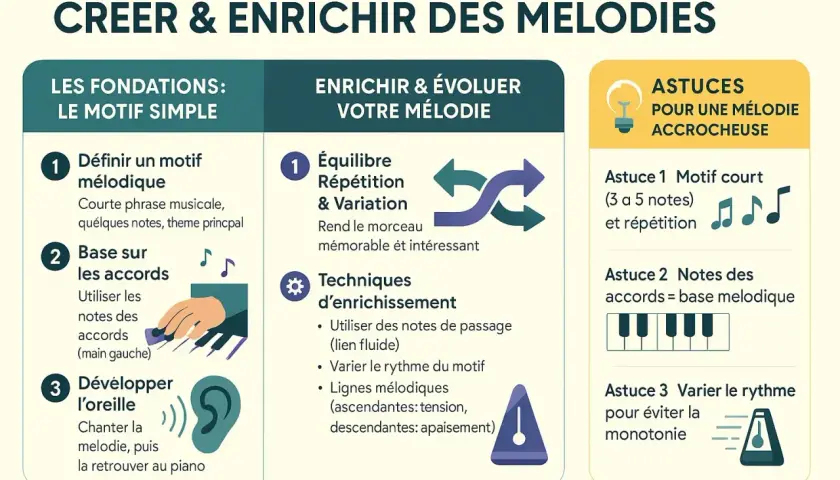 Guide pour créer une mélodie : définir un motif, utiliser les accords, développer l'oreille, équilibrer répétition et variation, et enrichir avec des notes de passage.