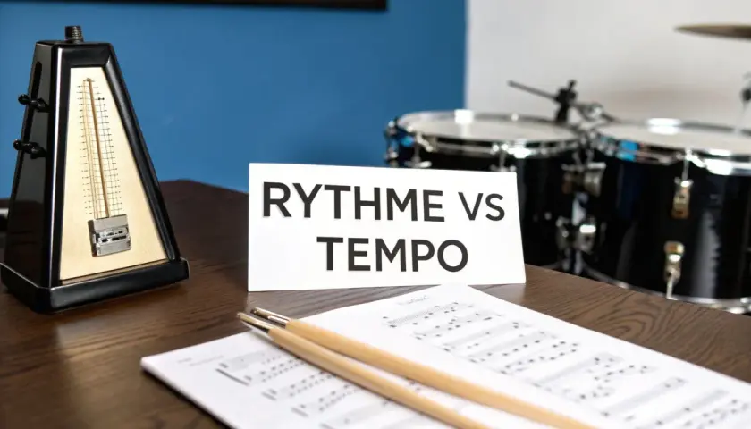 Un métronome, des partitions et des baguettes de batterie suggèrent le **rythme** et le **tempo** de la **musique**.