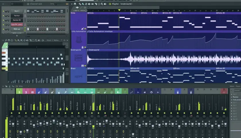 Interface d'un logiciel home studio, montrant une piste MIDI avec des notes de violoncelles et de cuivres, ainsi qu'un mixeur audio.