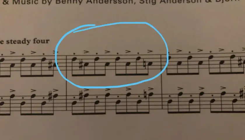 Partition de "Mamma Mia" avec des notes de si # piano. La partition montre des notes de musique avec des dièses.