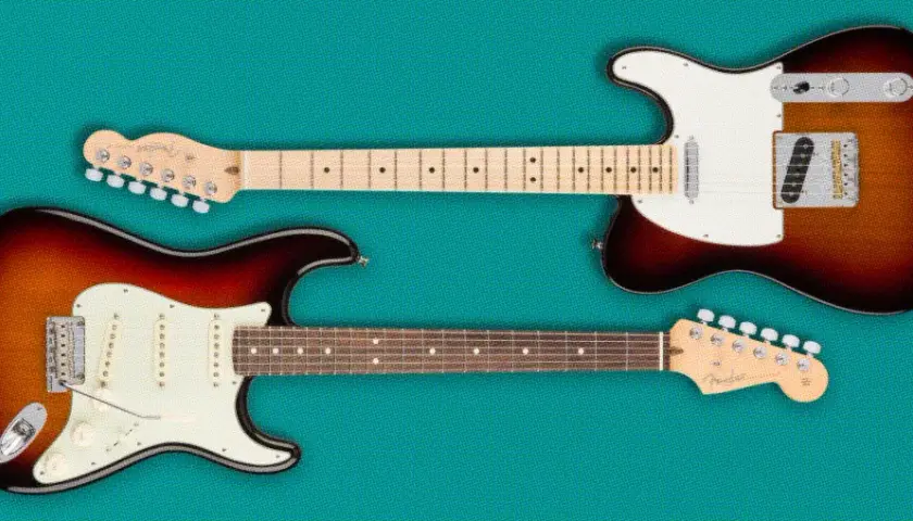 Stratocaster vs Telecaster : deux guitares électriques emblématiques, l'une avec trois micros et l'autre avec deux, sur fond turquoise.