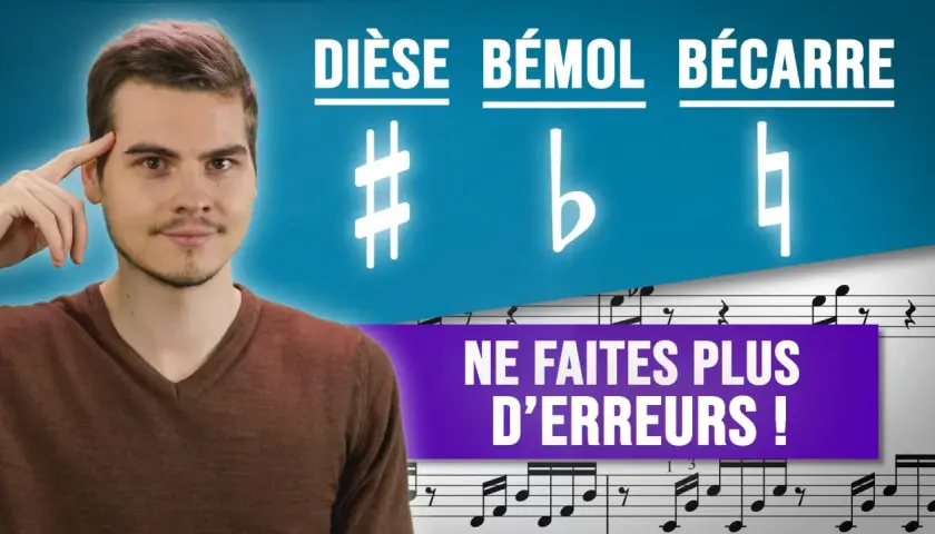 Un jeune homme pense à la musique, avec les symboles dièse, bémol et bécarre. Il apprend à ne plus faire d'erreurs musicales.