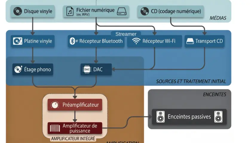 Diagramme de flux d'une chaîne audio Hi-Fi, montrant les sources (vinyle, fichiers, CD) et leur traitement pour une expérience musicale optimale.