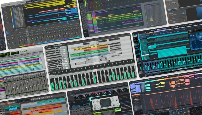 Plusieurs interfaces de logiciel DAW affichant des pistes audio, des faders et des formes d'onde, pour la création musicale.