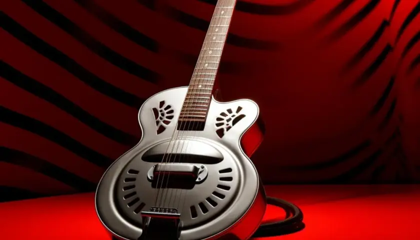 Guitare dobro blues argentée, sur fond rouge strié de noir. Un instrument prêt à faire vibrer les âmes.
