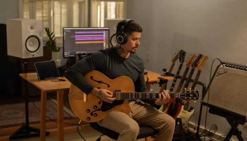 Un musicien concentré, casque sur les oreilles, joue d'une guitare acoustique dans un studio d'enregistrement. Il est prêt à enregistrer sa guitare acoustique.