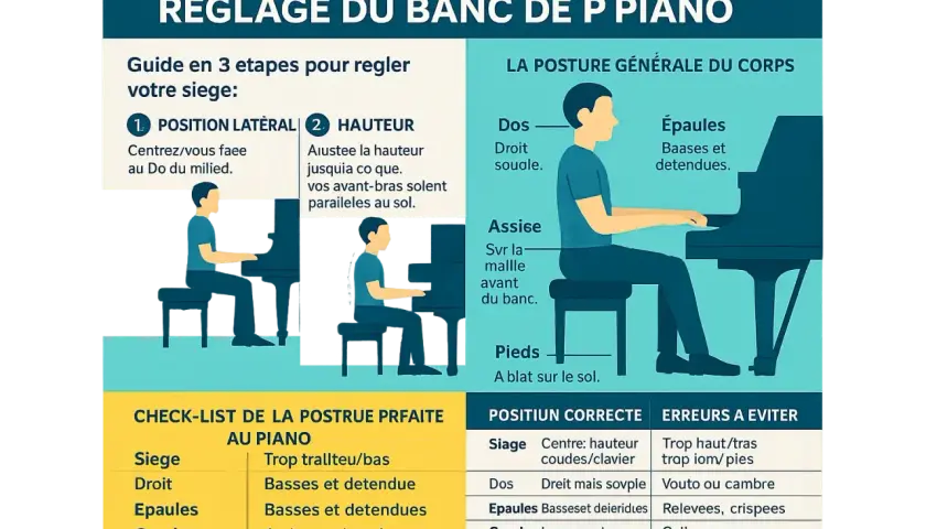 Guide pour une posture piano parfaite : dos droit, épaules basses, coudes légèrement en avant. Ajustez votre siège pour une assise idéale.