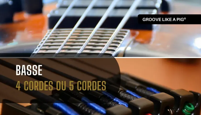 Gros plan sur les cordes d'une basse, avec le texte "BASSE 4 CORDES OU 5 CORDES".