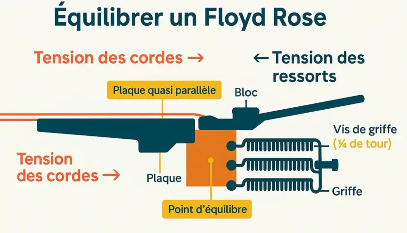 Schéma expliquant l'équilibrage d'un Floyd Rose de guitare, montrant la tension des cordes et des ressorts.