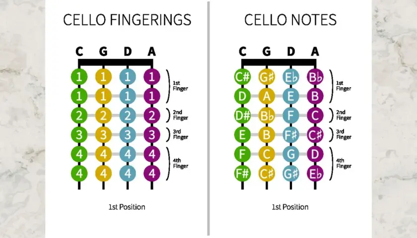 Diagrammes de doigtés et de notes pour le violoncelle, montrant les positions des doigts et les notes correspondantes pour chaque corde.
