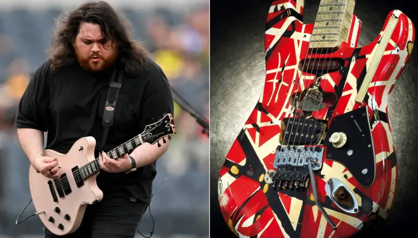 Guitare iconique "Frankenstrat" d'Eddie Van Halen, avec son motif rayé rouge, blanc et noir, aux côtés d'un musicien jouant d'une guitare rose.