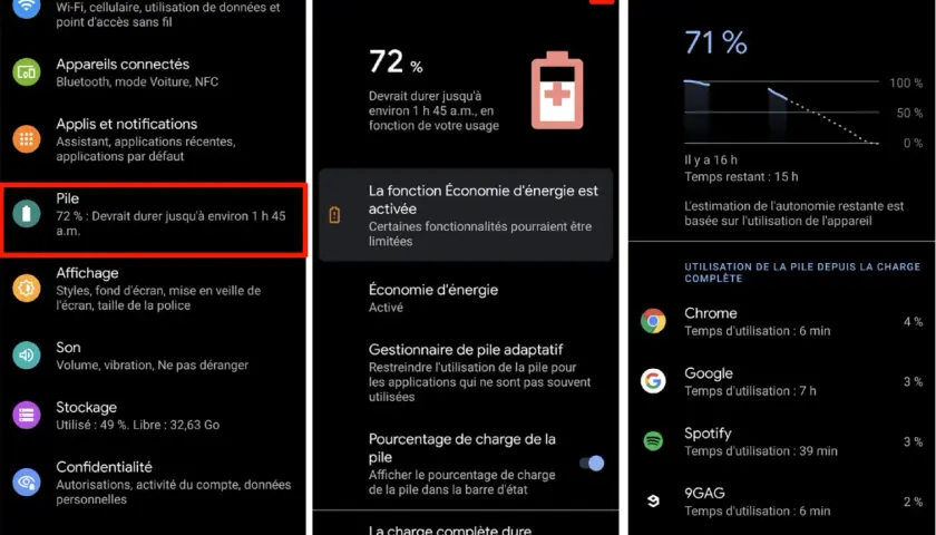 L'application de gestion de la batterie affiche 72% d'autonomie restante, estimée à 1h45. L'économie d'énergie est activée.