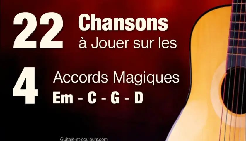 Apprenez 22 chansons avec seulement 4 accords magiques : Em, C, G, D. Une guitare est visible sur la droite.