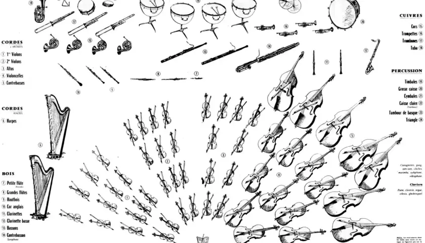 Disposition d'un orchestre symphonique : cordes, bois, cuivres, percussions et harpes.