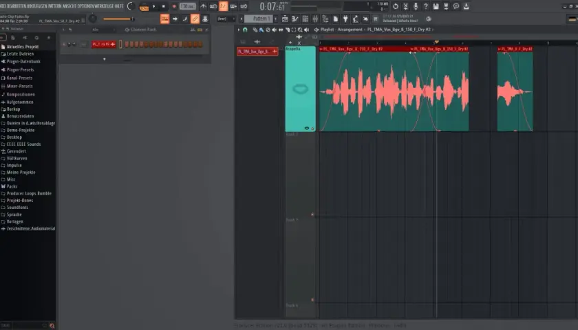 Interface FL Studio pour apprendre à mixer des voix. On voit des formes d'onde audio et des pistes dans la timeline.