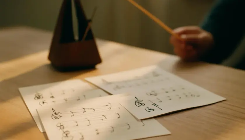 Partition de musique sur une table, avec un métronome et une baguette. Le rythme ternaire est palpable.