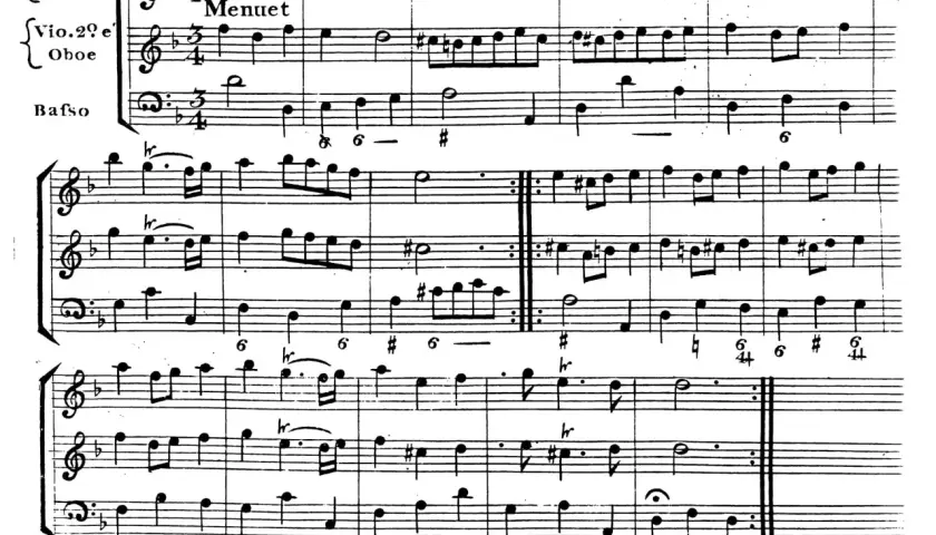 Partition de menuet pour violon, hautbois et basse. Un exemple d'hémiole rythmique est visible dans la partie de basse.