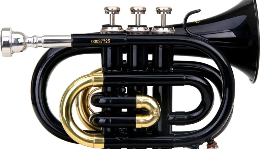 Un petit cornet noir brillant, un type de trompette compact, avec des accents dorés et un embout argenté.