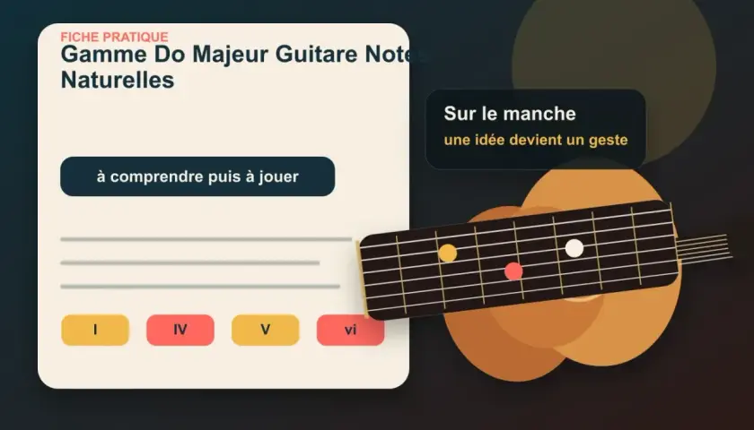 Fiche pratique sur la gamme Do Majeur pour guitare. Le manche de la guitare montre des notes pour apprendre la gamme.
