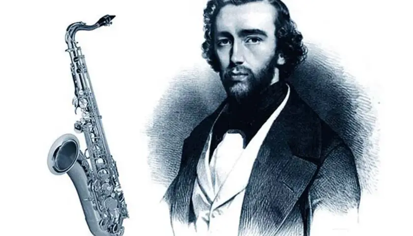 Adolphe Sax, inventeur du saxophone, et son instrument emblématique. L'origine du saxophone est ici illustrée.