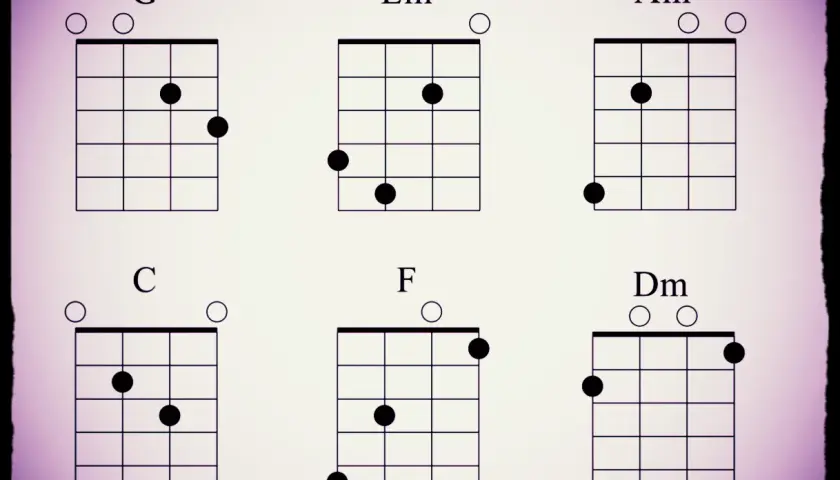 Diagrammes d'accordage pour mandoline : G, Em, Am, C, F, Dm. Apprenez l'accordage de votre mandoline avec ces schémas.