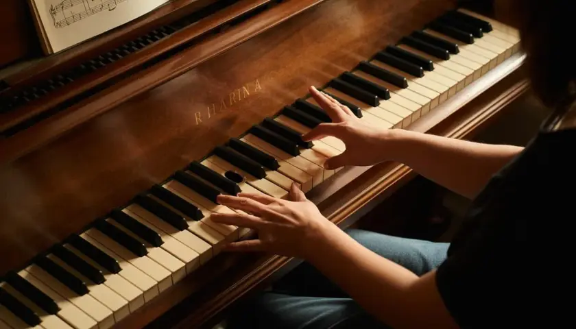 Mains sur les touches d'un piano, une partition ouverte. Le son du fa# résonne.