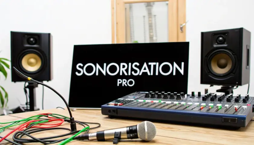 Studio d'enregistrement avec enceintes, console de mixage, micro et écran affichant "SONORISATION PRO". Idéal pour un **sono groupe musique**.