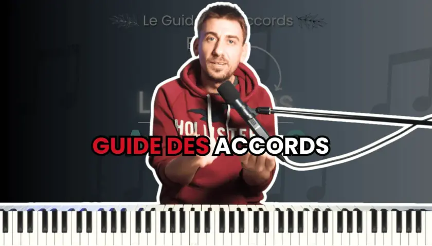 Un homme explique les accords de piano, avec un clavier visible et le texte "GUIDE DES ACCORDS".
