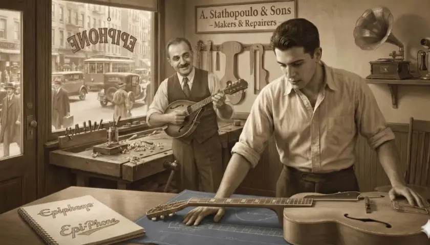 Un jeune homme examine un plan de son guitare electrique dans un atelier. Un autre homme joue d'une mandoline.